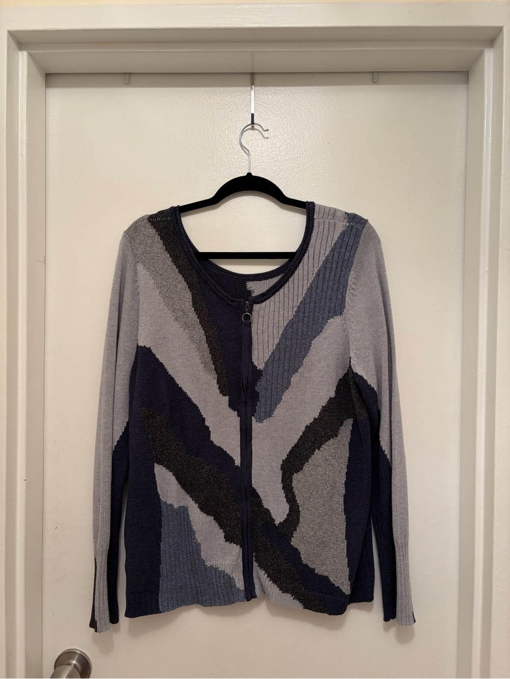 NIC+ZOE Navy, Light Gray & Charcoal Abstract Zip Cardigan